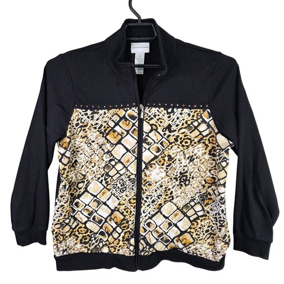 Womens Alfred Dunner Black Brown Animal Print Jacket Full Zip Cotton Blend 14 - Picture 1 of 7